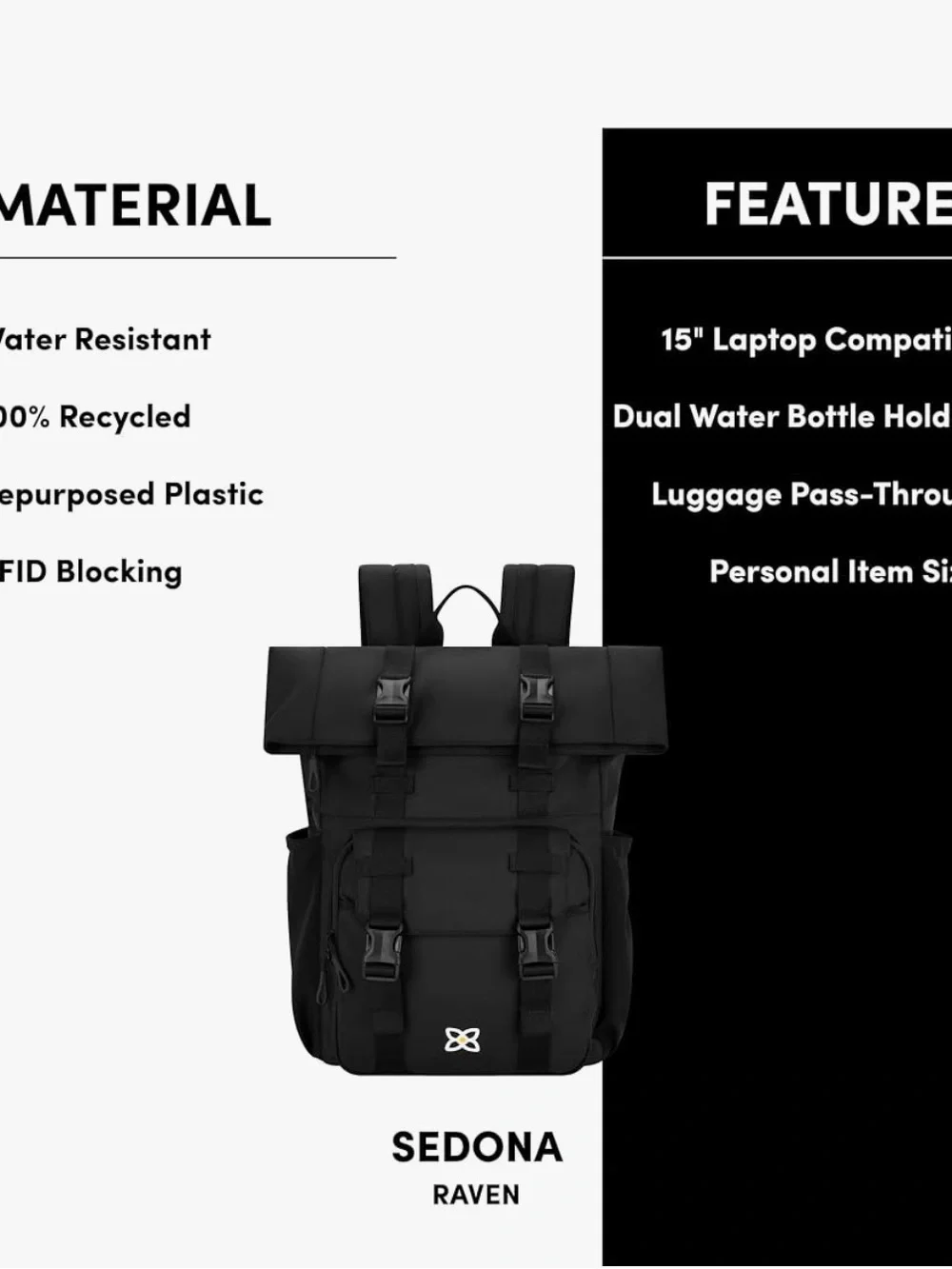 Sherpani Black Fold-Top Sedona Backpack with Front Buckles. Water resistant
